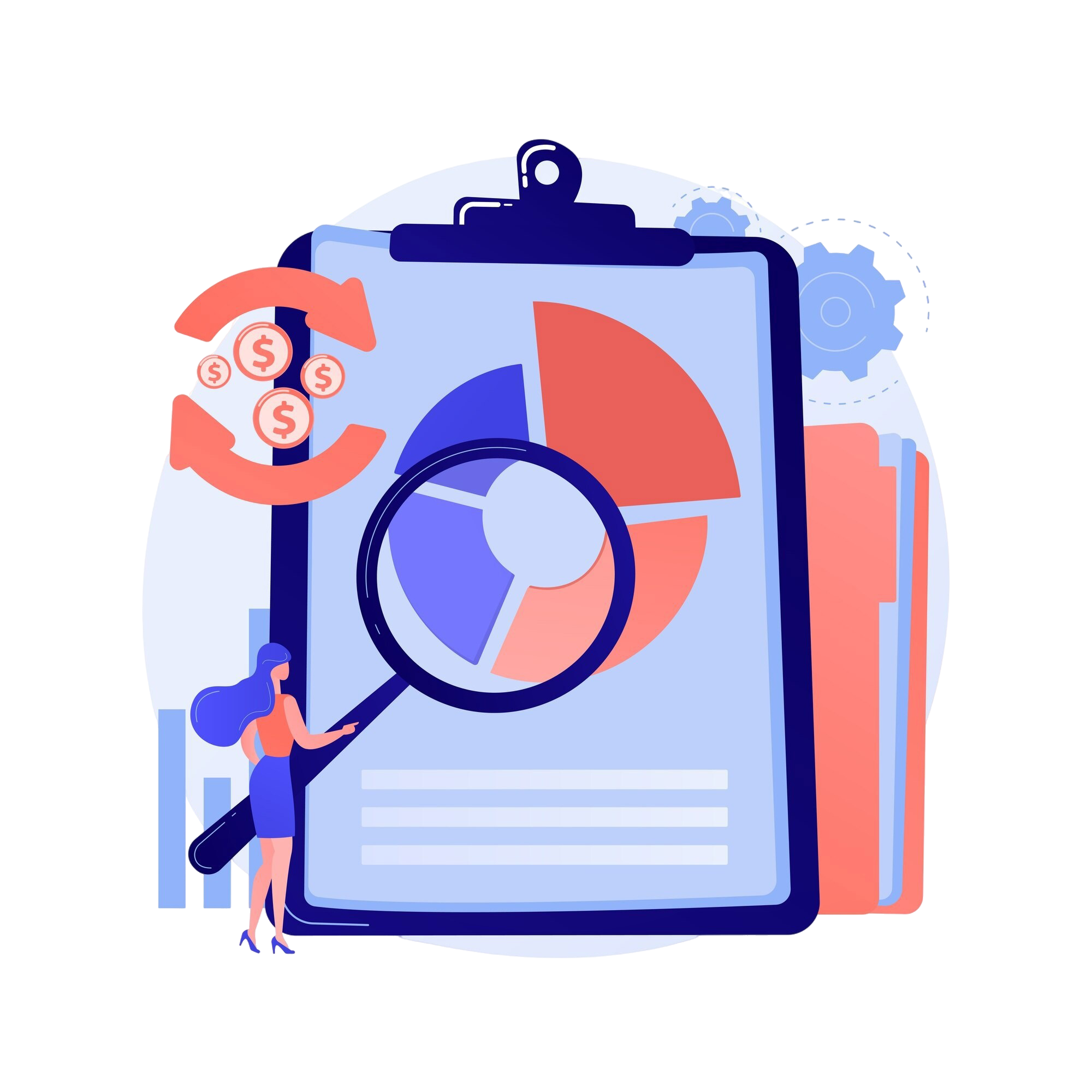 analyse-financiere-personnage-dessin-anime-homme-loupe-analysant-diagramme-circulaire-segments-colores-evaluation-audit-recherche